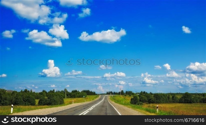 fast highway in forest under clean blue sky
