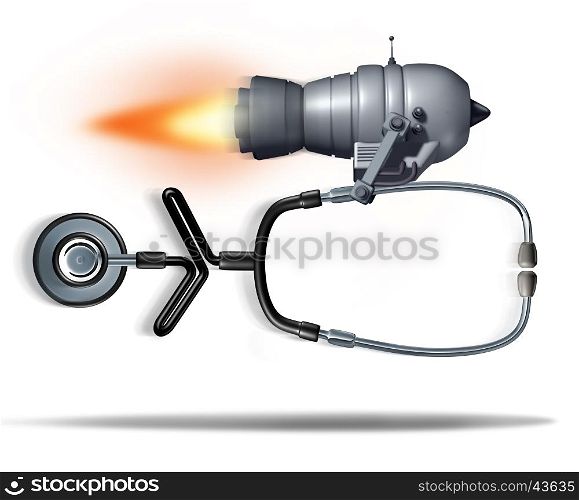 Fast medical service concept as a jet engine quickly moving a doctor stethoscope as a health care symbol for urgent hospital care or faster clinical services as a 3D illustration.