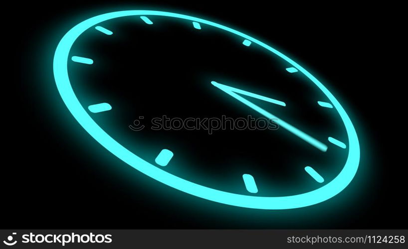 Fast moving clock Neon bright glowing spinning animation 3D rendering