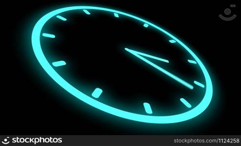 Fast moving clock Neon bright glowing spinning animation 3D rendering