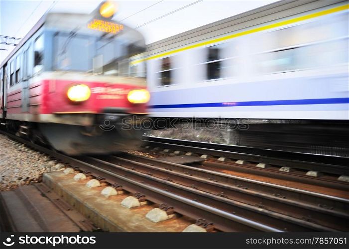 Fast moving trains in Krakow, Poland. Blured motion