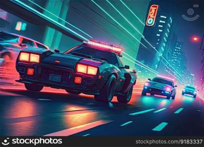 fast-paced chase along neon night city crossing, with police cars in pursuit of high-speed getaway car, created with generative ai. fast-paced chase along neon night city crossing, with police cars in pursuit of high-speed getaway car
