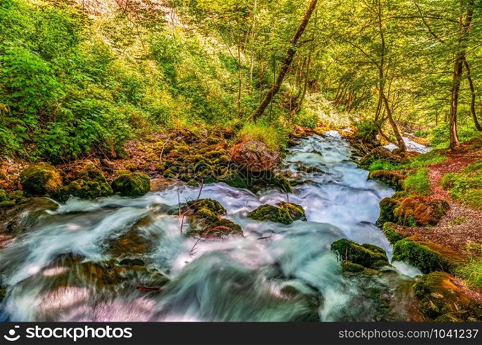 Fast river in Mountains of Montenegro at bright autumn day. Fast river in mountains