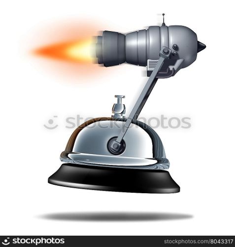 Fast service symbol as a service bell being transported by a rocket jet engine as a quick customer support business symbol as a 3D illustration of rapid hospitality.