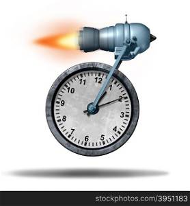 Fast time business deadline concept as a clock being transported by a rocket engine as a speed metaphor for increased faster service or accelerated productivity.