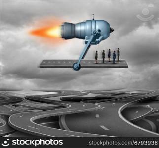 Fast track and direct route concept or business travel symbol as piece of road being thrusted by a rocket engine transporting businesspeople as a corporate achievement symbol with 3D illustration elements.