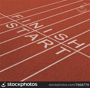 Fast track business concept as a journey from start to the finish line as an icon of quick service and planning a short and long term strategy for success with a track and field in a sports stadium.