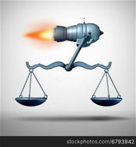 Fast track law service and lawyer services concept as a rocket moving a justice scale as a symbol of the quick legal advice or timely passage of government legislation and enforcing rights and regulations as a 3D illustration.