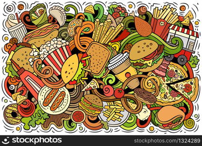 Fastfood hand drawn cartoon doodles illustration. Fast food funny objects and elements poster design. Creative art background. Colorful vector banner. Fastfood hand drawn cartoon doodles illustration. Colorful vector banner