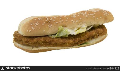 fastfood style chicken sandwich on sesame seed bun isolated on white