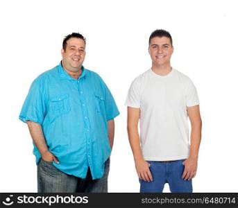 Fat and men smiling and looking at camera . Fat and men smiling and looking at camera isolated on a white background