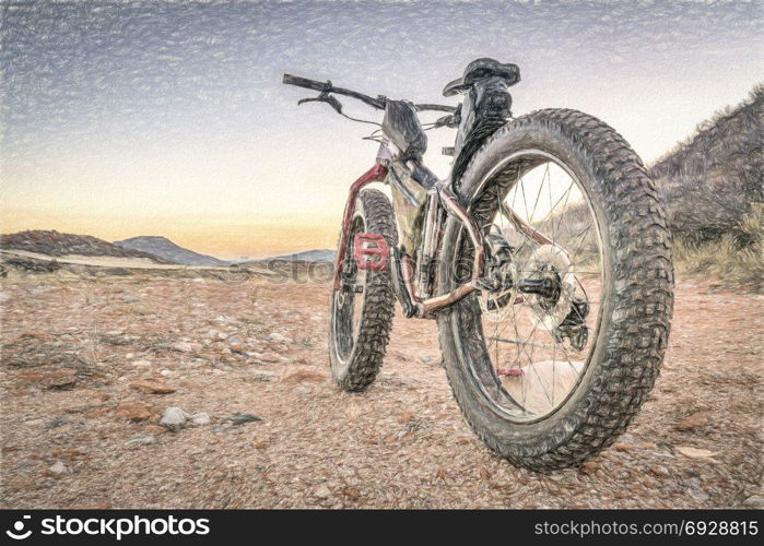 fat bike on desert trail with deep, loose gravel - Big Hole Wash Trail in Red Mountain Open Space north of Fort Collins, Colorado, a photo with a digital painting filter applied