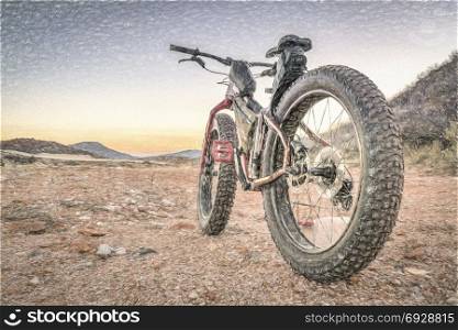 fat bike on desert trail with deep, loose gravel - Big Hole Wash Trail in Red Mountain Open Space north of Fort Collins, Colorado, a photo with a digital painting filter applied