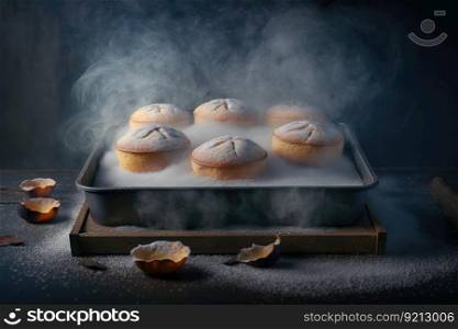 fat cakes baked on baking tray in gentle fragrant smoke, created with generative ai. fat cakes baked on baking tray in gentle fragrant smoke