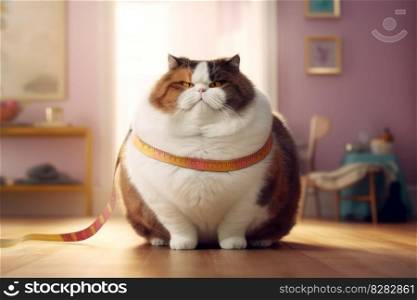 Fat cat with measurement tape. Animal meat. Generate Ai. Fat cat with measurement tape. Generate Ai