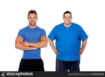 Fat man and his coach ready to train isolated on a white background