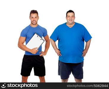 Fat man and his coach ready to train isolated on a white background