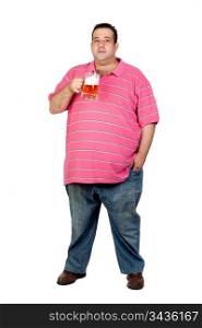 Fat man drinking a jar of beer isolated on white background