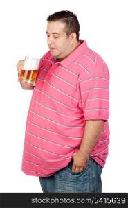Fat man drinking a jar of beer isolated on white background