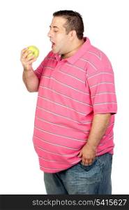 Fat man eating a apple isolated on white background