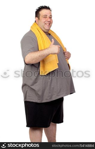 Fat man playing sport isolated on a white background
