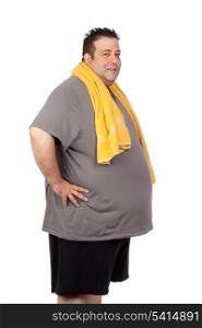 Fat man playing sport isolated on a white background