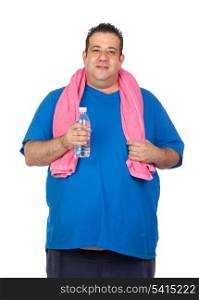Fat man playing sport with a water bottle isolated on a white background