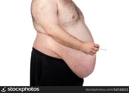 Fat man smoking isolated on a white background