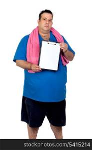 Fat man with a blank paper isolated on a white background