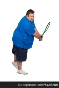 Fat man with a racket playing tennis isolated on white background