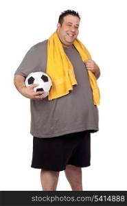 Fat man with a soccer ball isolated on a white background