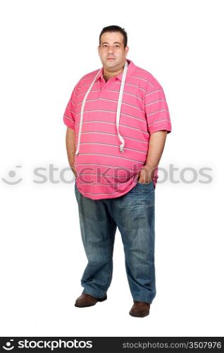 Fat man with a tape measure isolated on white background