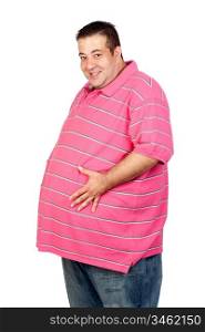 Fat man with pink shirt isolated on white background