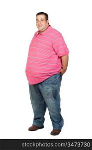 Fat man with pink shirt isolated on white background