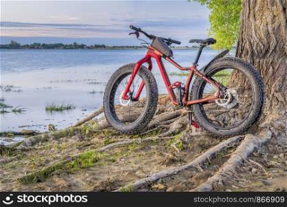 fat mountain bike on a lake shore - Boyd Lake State Park in northern Colorado