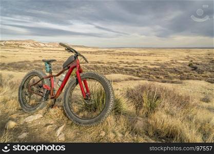 fat mountain bike on a trail in Soapstone Prairie Natural Area in northern Colorado, late fall scenery