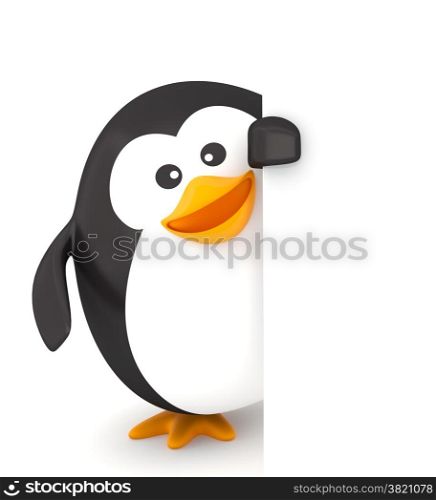 Fat penguin with empty board on white background - 3D render