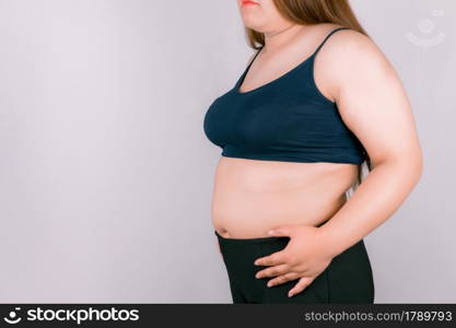 Fat woman measuring isolated over