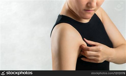 fat woman pulling her armpit or underarm fat skin, woman diet lifestyle concept