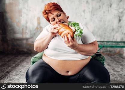 Fat woman sits in a chair and eats sandwich, bulimic and overweight. Unhealthy lifestyle, obesity. Fat woman sits in chair and eats sandwich, bulimic