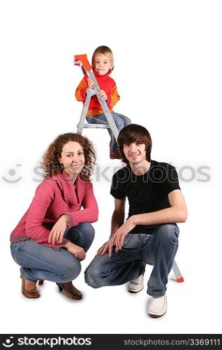 father and mother and daughter on the stepladder on the the white