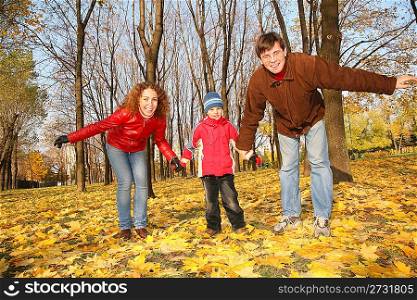 father and mother with the son in the park in autumn