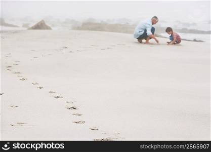 Father and son (5-6) playing on beach