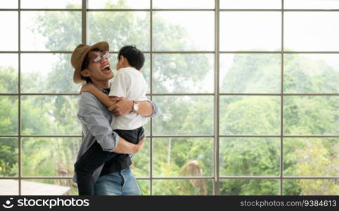 Father and son are happy and ready to travel on a weekend trip