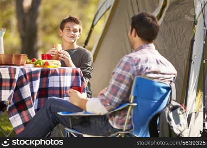 Father And Son Enjoying Camping Holiday In Countryside