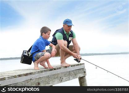 Father and son fishing in lake