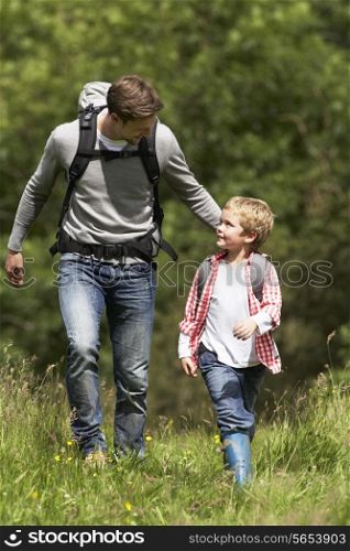 Father And Son Hiking In Countryside