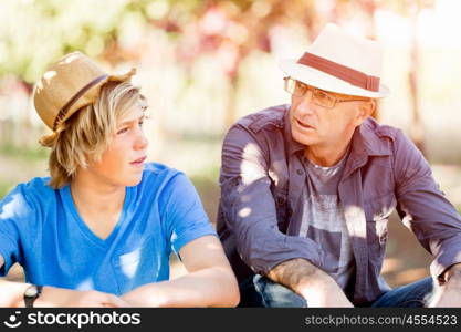 Father and son in vineyard. Father and son together in vineyard