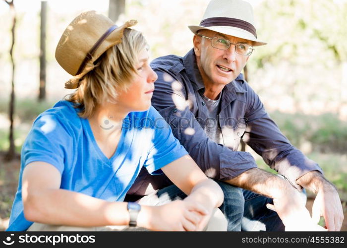 Father and son in vineyard. Father and son together in vineyard