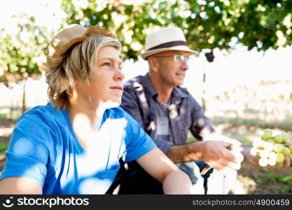 Father and son in vineyard. Father and son together in vineyard